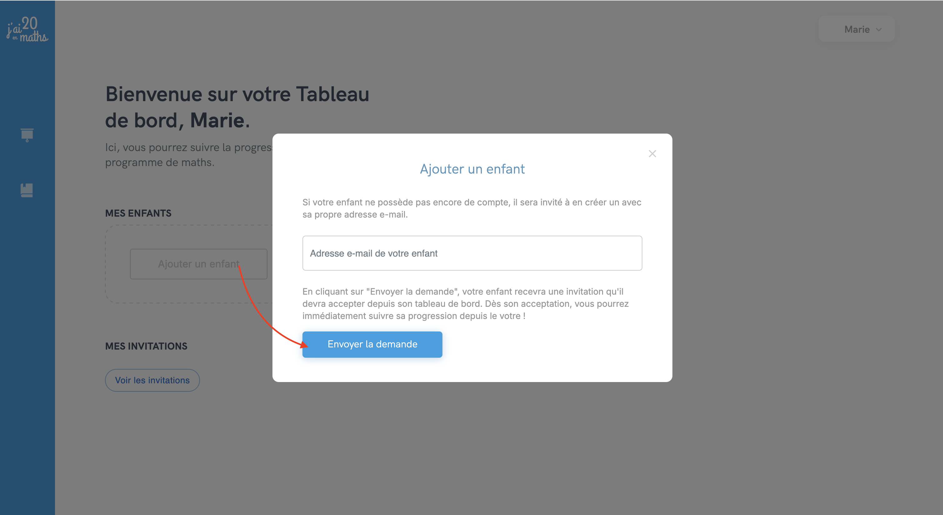 Fenêtre modale d'envoi d'une invitation à un compte Eleve