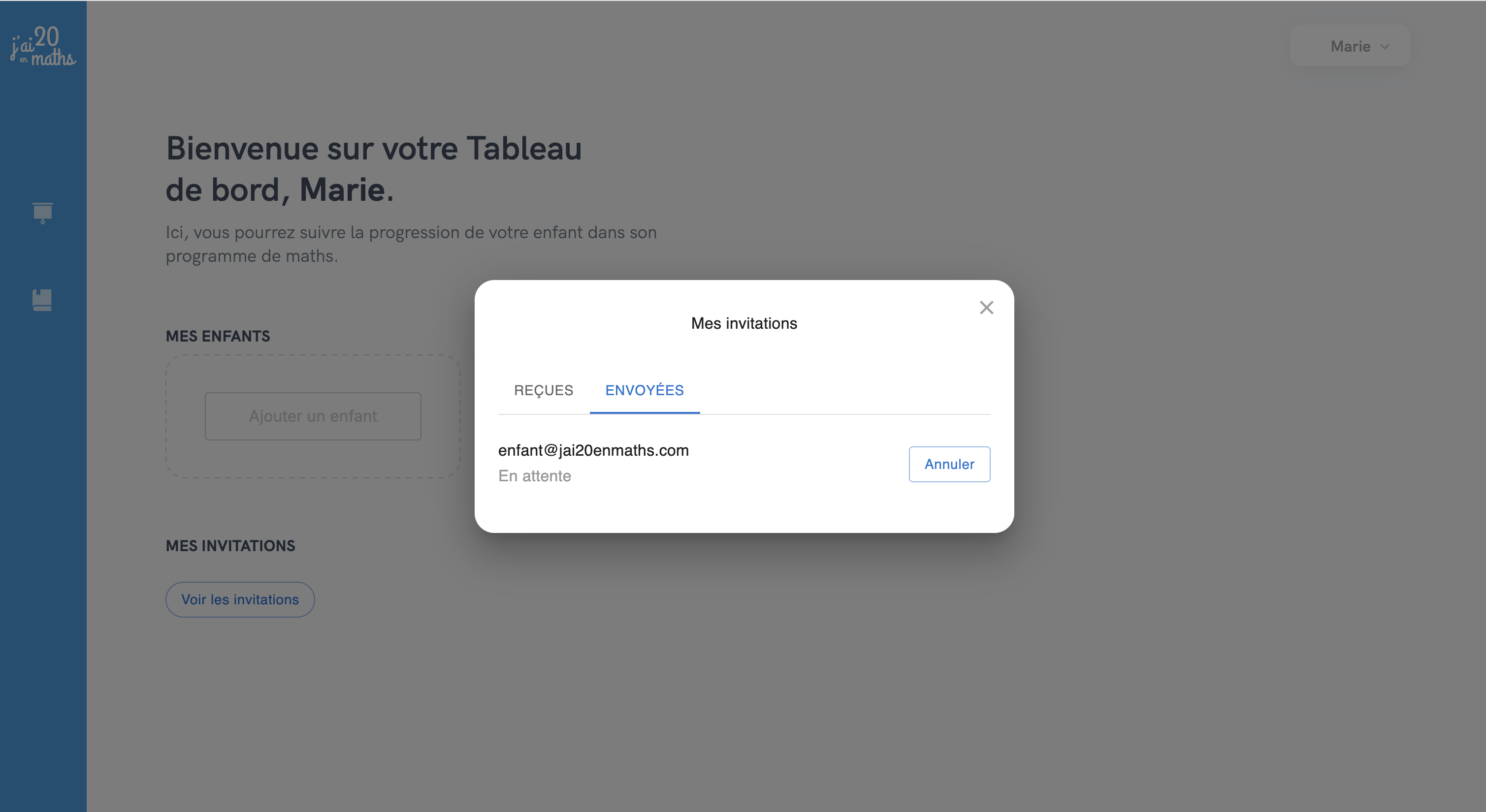 Fenêtre modal d'affichage des invitations