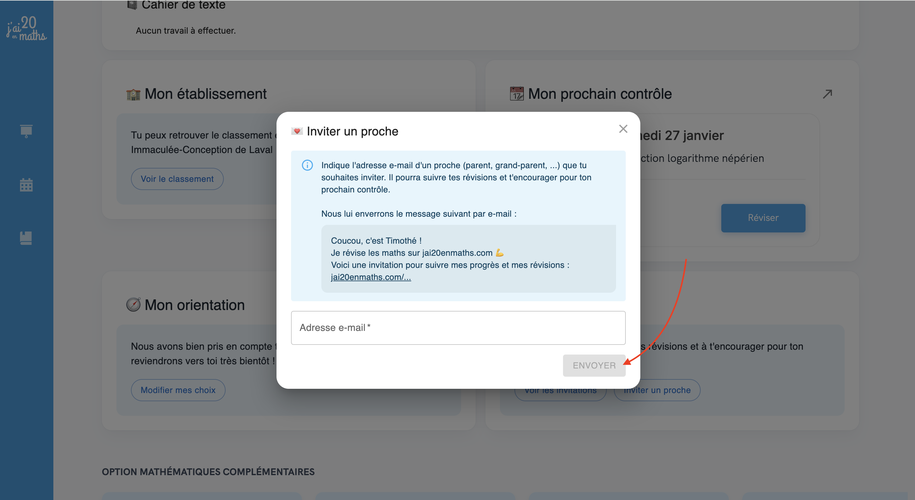 Fenêtre modale d'envoi d'une invitation à un compte Parent