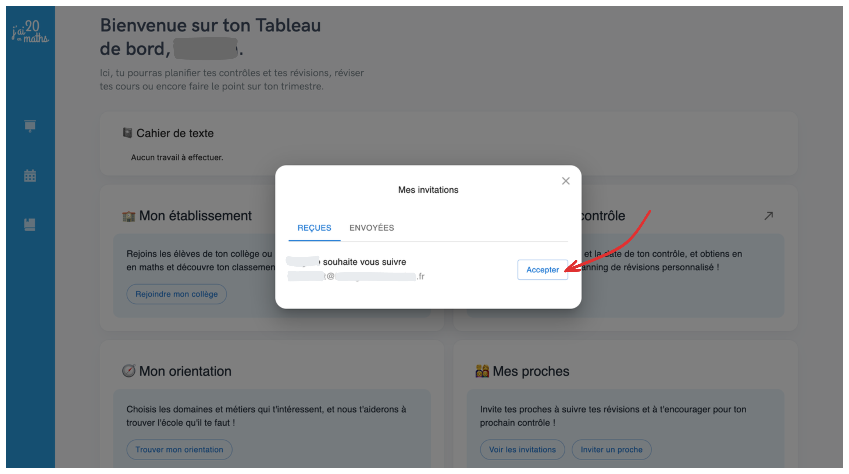 Fenêtre modale affichant les invitations reçues et envoyées