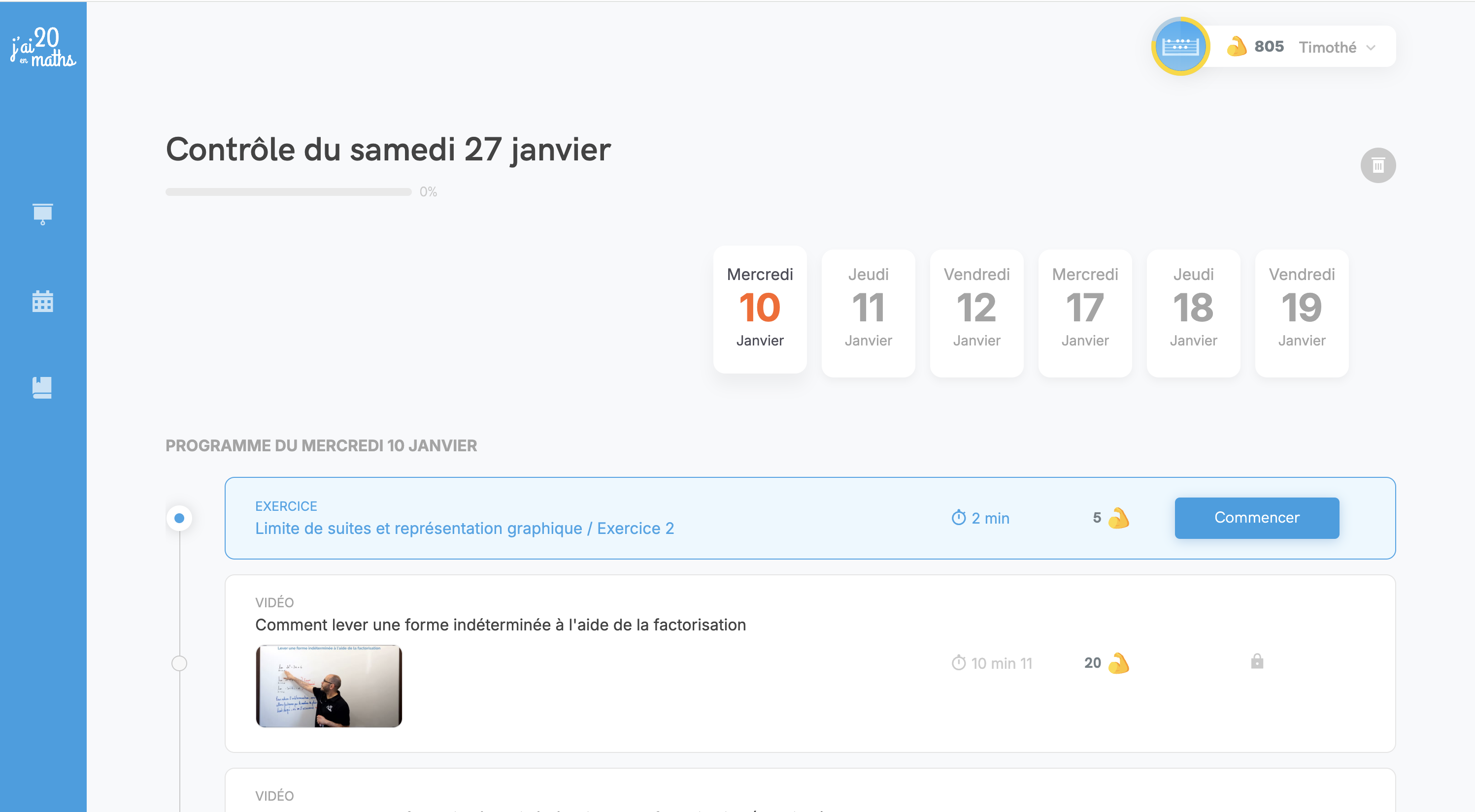 Planning de révisions d'un contrôle sur J'ai 20 en maths